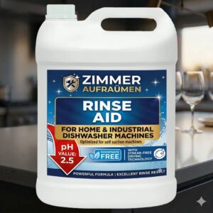 Zimmer Aufraumen Dishwasher Rinse Aid (5L Bulk Pack) | Streak-Free Rapid Drying Liquid Technology with pH 2.5 | Optimized for All Home & Industrial Automatic Self-Suction Warewashing Machines